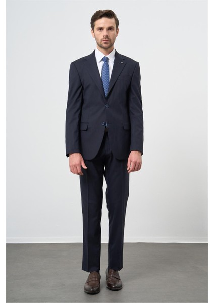 Lacivert Çizgili Mono Yaka Astarlı 6 Drop Slim Fit Dar Kesim Takım Elbise 1001245102