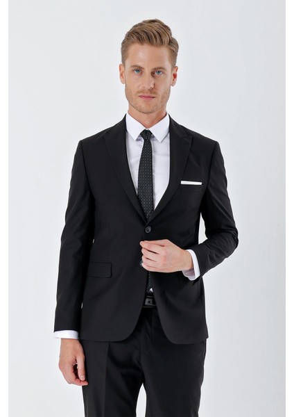 Siyah Gabardin Kırlangıç Yaka 6 Drop Slim Fit Dar Kesim Basic Takım Elbise 1001245011