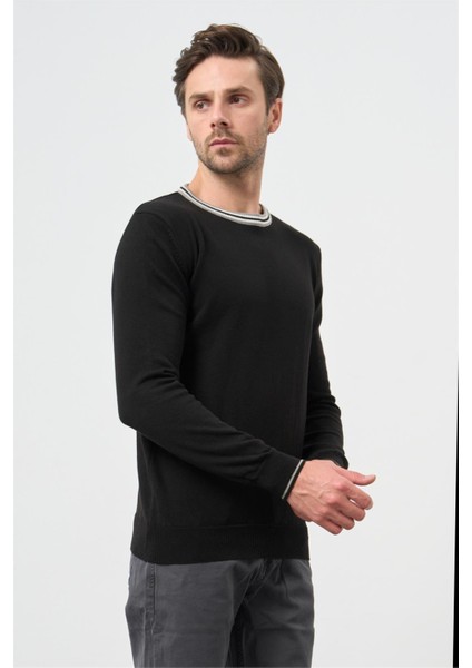 Siyah Uzun Kol Düz Örme Bisiklet Yaka Classic Slim Fit Triko 1012245108