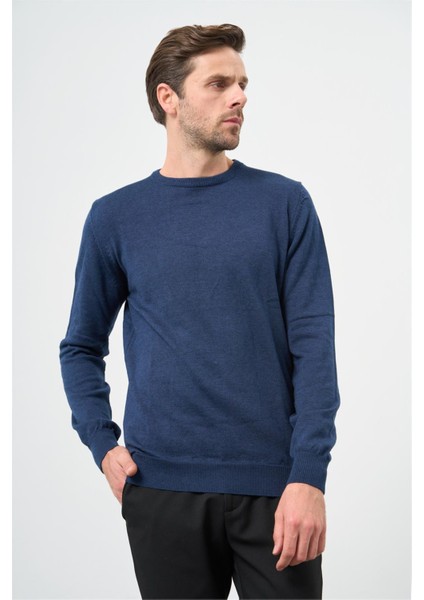 İndigo Mavi Uzun Kol Düz Örme Bisiklet Yaka Classic Comfort Fit Triko 1012245006