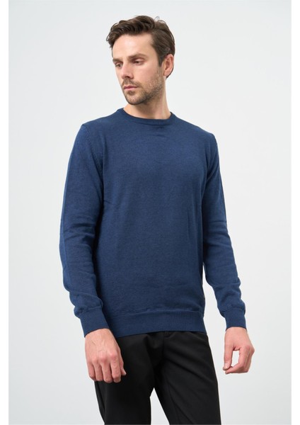 İndigo Mavi Uzun Kol Düz Örme Bisiklet Yaka Classic Comfort Fit Triko 1012245006 modelleri