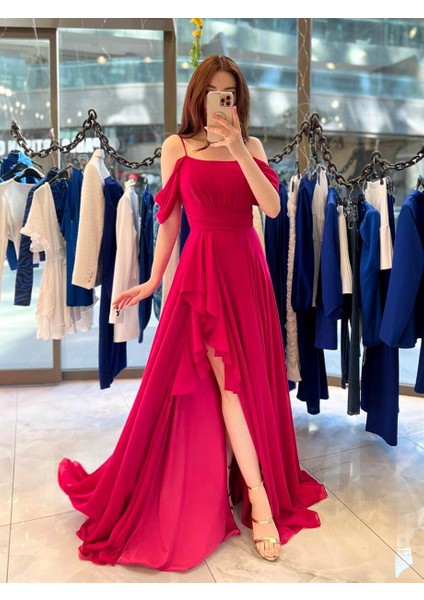 Alice Madonna Yaka Ip Askılı Yırtmaçli Abiye Fuşya