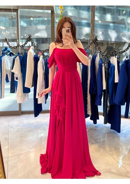 Alice Madonna Yaka Ip Askılı Yırtmaçli Abiye Fuşya modelleri