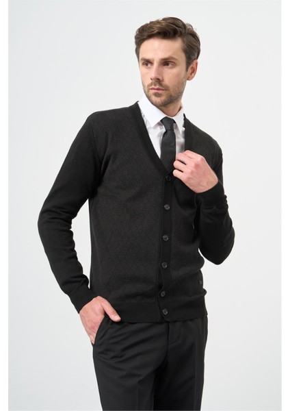 Siyah Uzun Kol Kendinden Desenli Örme V Yaka Classic Comfort Fit Triko 1012245161
