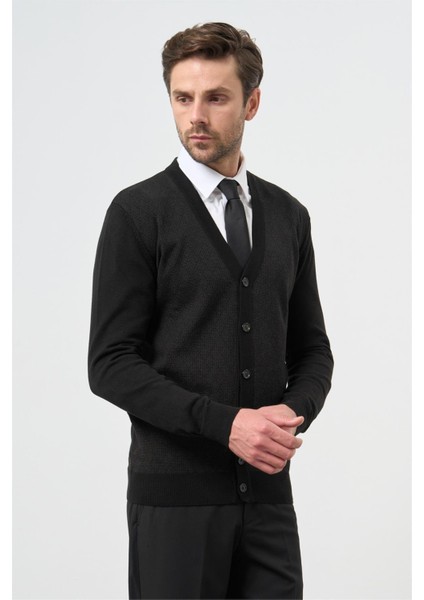 Siyah Uzun Kol Kendinden Desenli Örme V Yaka Classic Comfort Fit Triko 1012245161 fiyatları