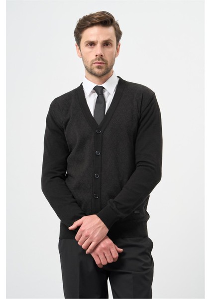 Siyah Uzun Kol Kendinden Desenli Örme V Yaka Classic Comfort Fit Triko 1012245161 modelleri