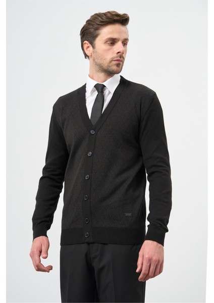 Siyah Uzun Kol Kendinden Desenli Örme V Yaka Classic Comfort Fit Triko 1012245161 fırsatları