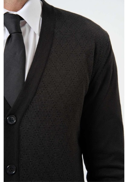 Siyah Uzun Kol Kendinden Desenli Örme V Yaka Classic Comfort Fit Triko 1012245161 indirimleri