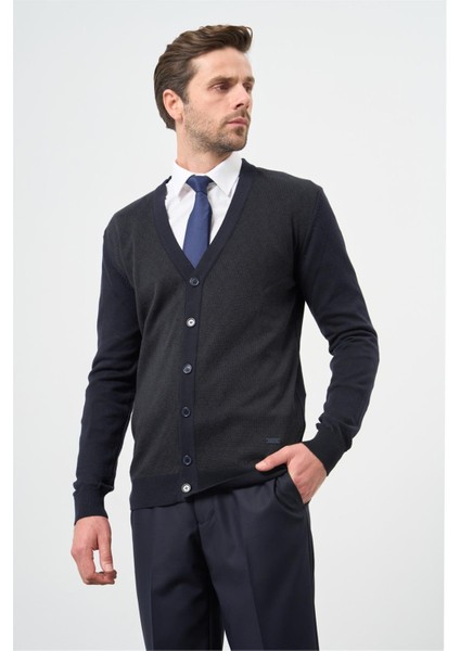 Koyu Lacivert Uzun Kol Kendinden Desenli Örme V Yaka Classic Comfort Fit Triko 1012245161