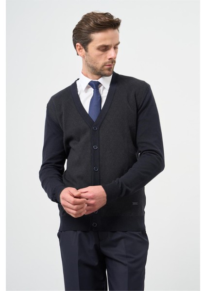 Koyu Lacivert Uzun Kol Kendinden Desenli Örme V Yaka Classic Comfort Fit Triko 1012245161 fiyatları