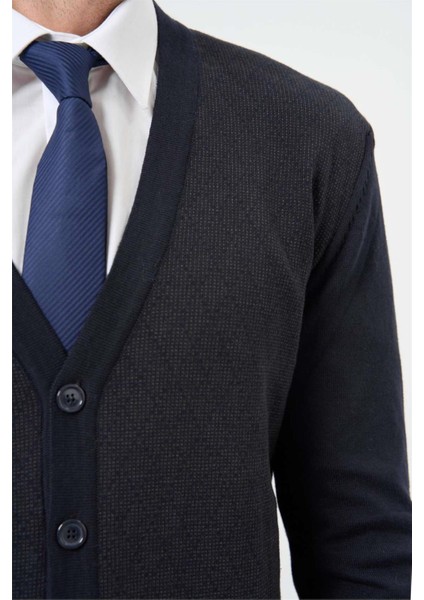 Koyu Lacivert Uzun Kol Kendinden Desenli Örme V Yaka Classic Comfort Fit Triko 1012245161 modelleri