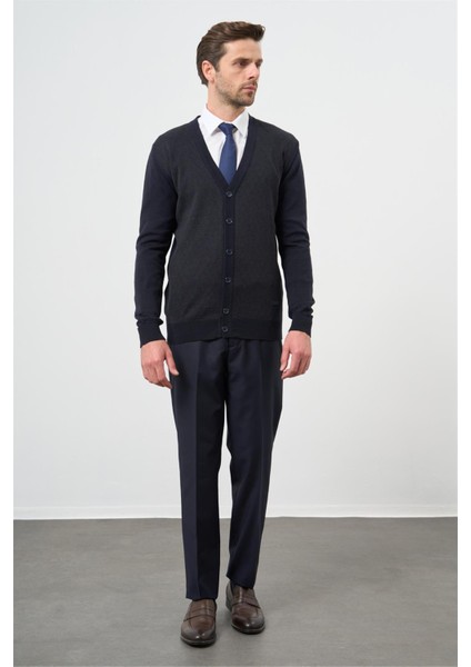 Koyu Lacivert Uzun Kol Kendinden Desenli Örme V Yaka Classic Comfort Fit Triko 1012245161 indirimleri