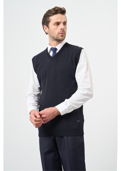 Koyu Lacivert Düz Örme V Yaka Classic Comfort Fit Triko 1012245003 fiyatları