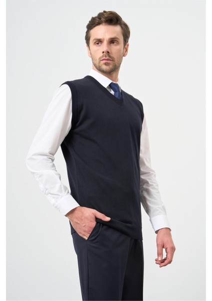 Koyu Lacivert Düz Örme V Yaka Classic Comfort Fit Triko 1012245003 modelleri