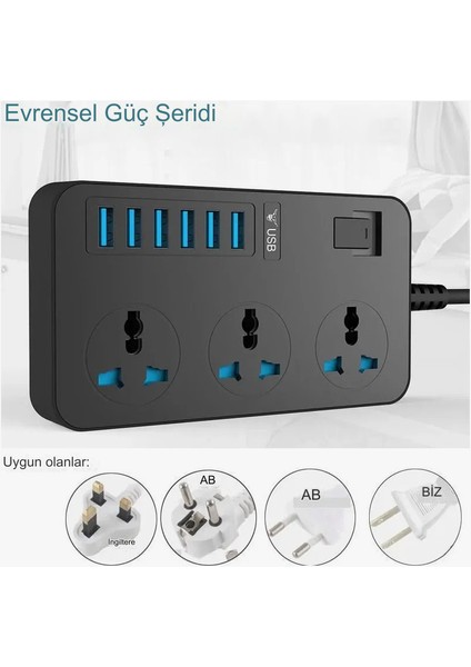 3000W Güç Şeridi Dalgalanma Koruyucusu 3 Ac Çıkışları ve 6 USB Şarj Portu Akım Korumalı Grup Priz