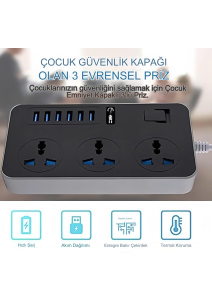 3000W Güç Şeridi Dalgalanma Koruyucusu 3 Ac Çıkışları ve 6 USB Şarj Portu Akım Korumalı Grup Priz