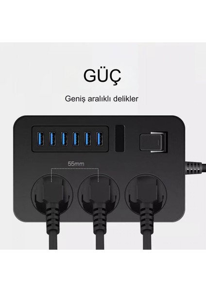 3000W Güç Şeridi Dalgalanma Koruyucusu 3 Ac Çıkışları ve 6 USB Şarj Portu Akım Korumalı Grup Priz