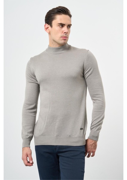 Gri Uzun Kol Düz Örme Yarım Balıkçı Yaka Classic Comfort Fit Triko 1012245001