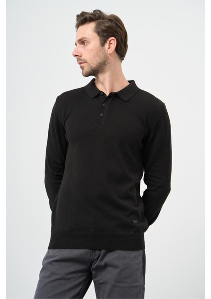 Siyah Uzun Kol Düz Örme Polo Yaka Classic Comfort Fit Triko 1012245007