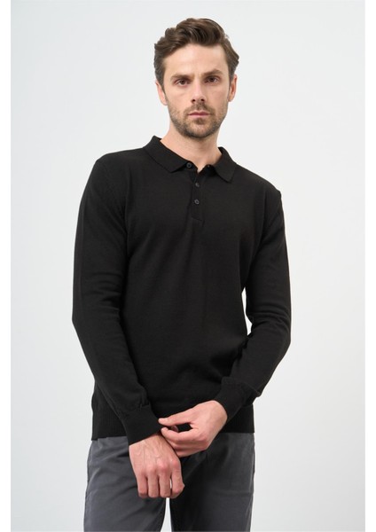 Siyah Uzun Kol Düz Örme Polo Yaka Classic Comfort Fit Triko 1012245007 modelleri