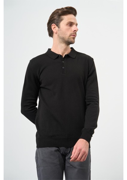 Siyah Uzun Kol Düz Örme Polo Yaka Classic Comfort Fit Triko 1012245007 fırsatları