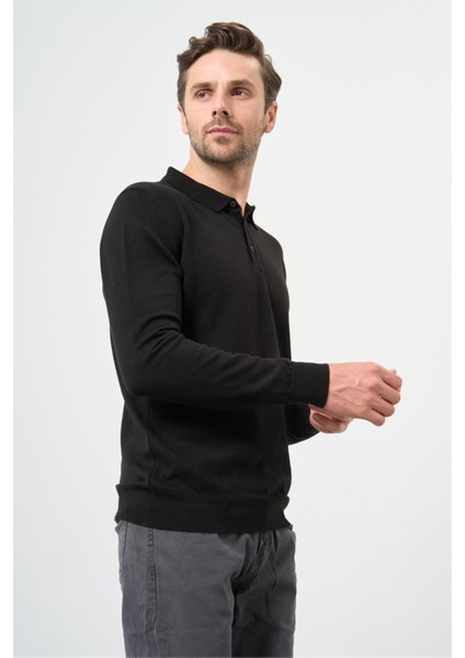Siyah Uzun Kol Düz Örme Polo Yaka Classic Comfort Fit Triko 1012245007 indirimleri