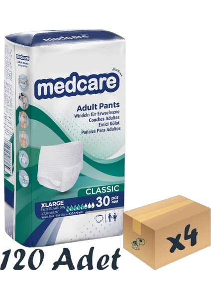 Classic Emici Külot - Yetişkin Hasta Bezi - 5,5 Damla - Xlarge Beden - 30'lu Paket x 4 Adet