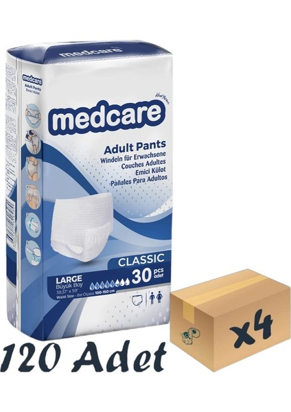 Classic Emici Külot - Yetişkin Hasta Bezi - 5,5 Damla - Large Beden - 30'lu Paket x 4 Adet