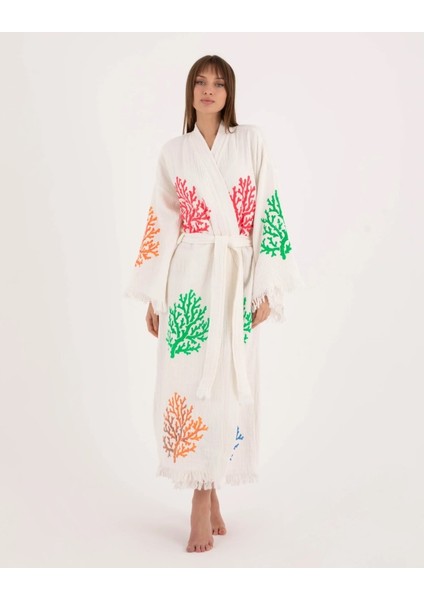 Bornoz ,Plaj Kıyafeti,Kimono , Kaftan ,Sabahlık Çok Renkli Mercan Desen Baskılı