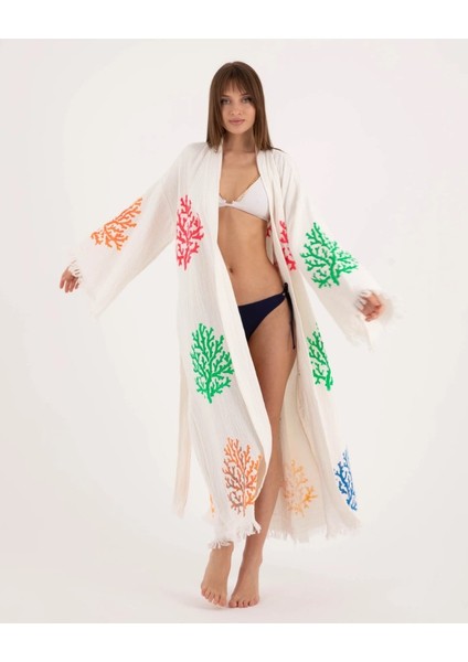 Bornoz ,Plaj Kıyafeti,Kimono , Kaftan ,Sabahlık Çok Renkli Mercan Desen Baskılı
