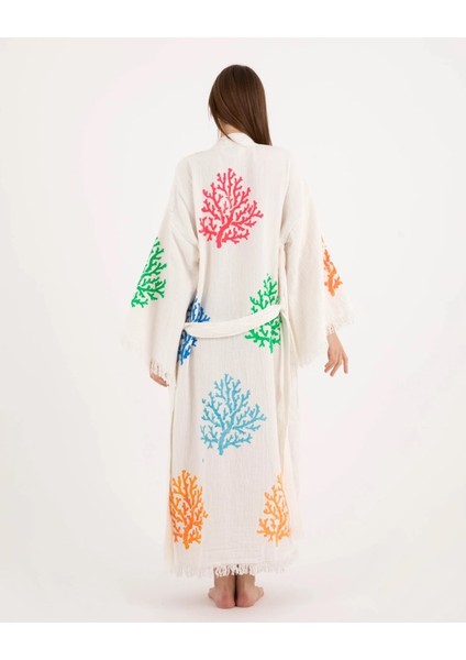Bornoz ,Plaj Kıyafeti,Kimono , Kaftan ,Sabahlık Çok Renkli Mercan Desen Baskılı