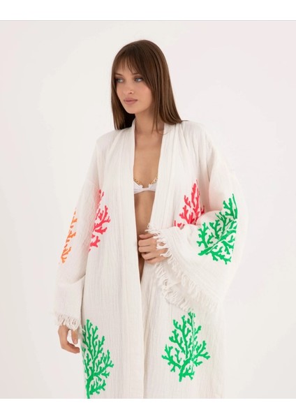 Bornoz ,Plaj Kıyafeti,Kimono , Kaftan ,Sabahlık Çok Renkli Mercan Desen Baskılı