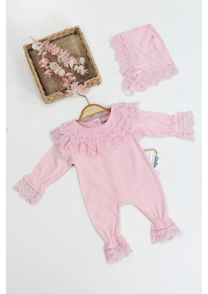 Kız Bebek Pembe Dantelli Lüks Bebek Hastane Çıkışı Mevlüt ve Özel Günler Için Harika Tulum Set STL6659