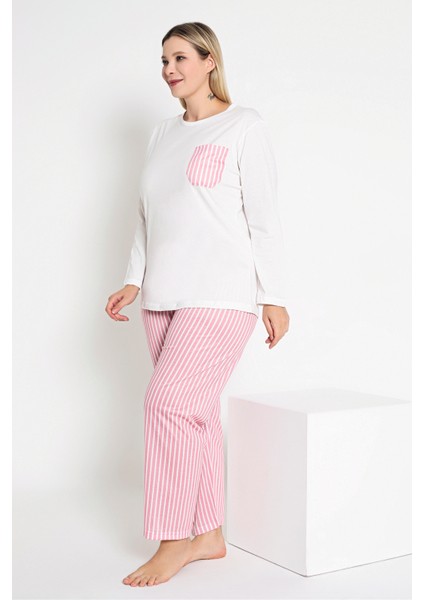 Kadın Ekru Renkli Çizgili Uzun Kollu Pijama Takımı B-44