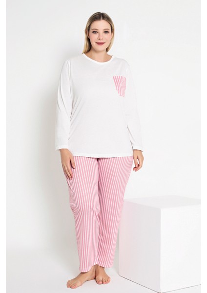 Kadın Ekru Renkli Çizgili Uzun Kollu Pijama Takımı B-44 fiyatları