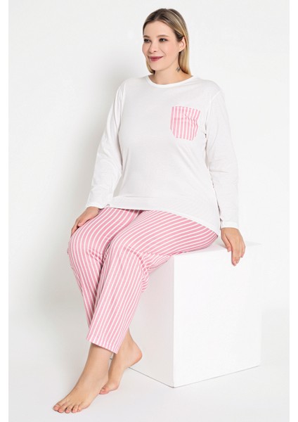 Kadın Ekru Renkli Çizgili Uzun Kollu Pijama Takımı B-44 modelleri