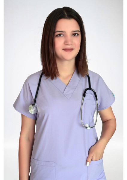 Lila Renk Likralı Doktor Hemşire Cerrahi Tek Üst Forma