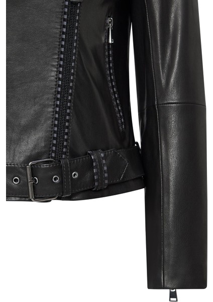 Angel-X Kadın Siyah Biker Deri Ceket 24WGD5264VE