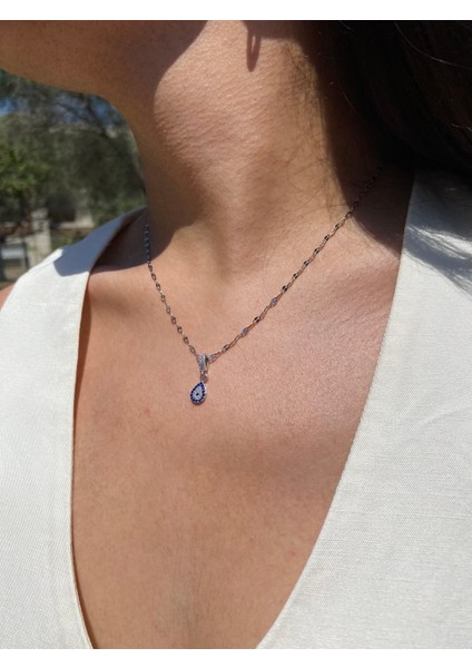 Zirkon Taşlı Damla Nazar Boncuk Model 316L Çelik Kadın Kolye | Gümüş Renk fiyatları
