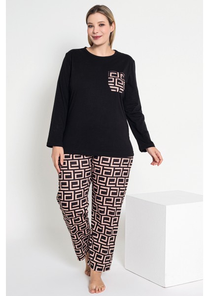 Kadın Uzun Kollu Siyah Renkli Labirent Desenli Pijama Takımı B-42