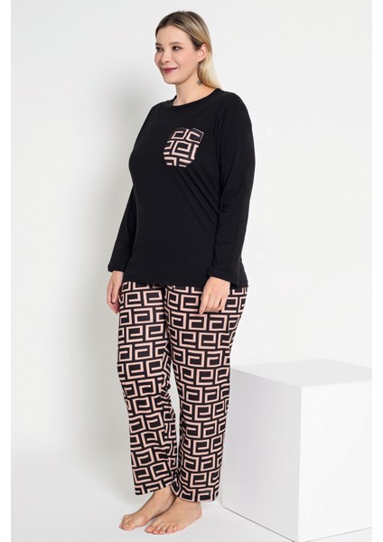 Kadın Uzun Kollu Siyah Renkli Labirent Desenli Pijama Takımı B-42 modelleri