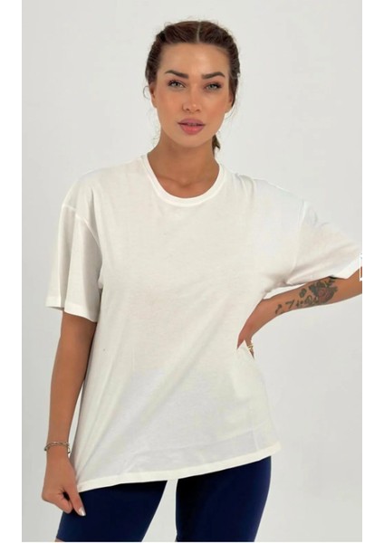 Kadın Ekru Baskısız Basıc Pamuklu Oversize T-Shirt indirimleri