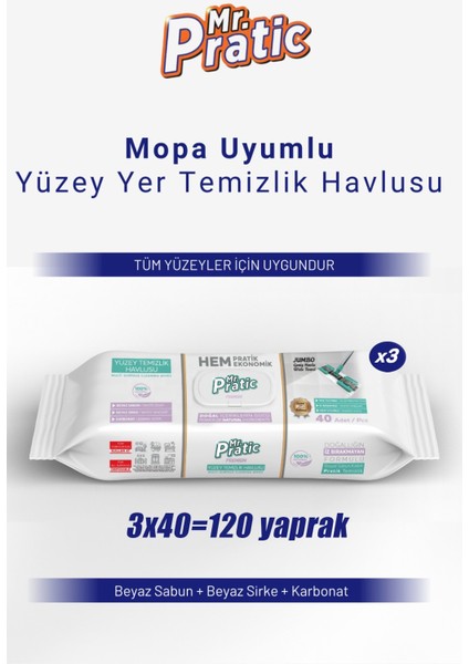 Premium Mandallı Mop Uyumlu Yer Temizlik Havlusu Beyaz Sabun Kokulu Iz Bırakmaz 3 x 40 120 Yaprak