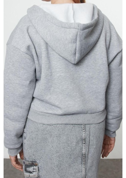 Büyük Beden Kapüşonlu Düşük Kol Crop Kalın Polarlı V Yaka Rahat Kesim Crop Örme Sweatshirt indirimleri