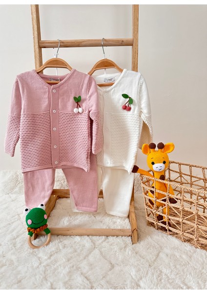 Organik Pamuklu Kız Bebek Alt Üst Triko Takım Ekru modelleri