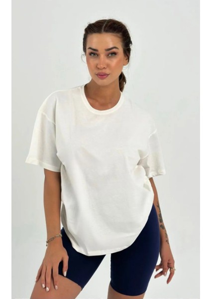Kadın Ekru Baskısız Basıc Pamuklu Oversize T-Shirt