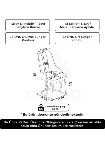 Puva Serisi 6 Adet Sandalye Babyface Ithal Kumaş Gold Metal Ayaklı modelleri