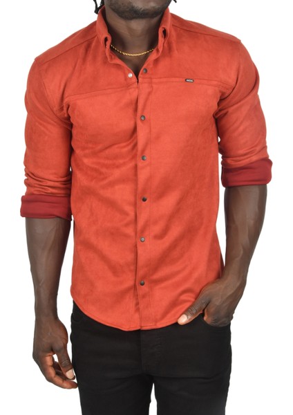 Likralı Çıtçıtlı Kırışmayan Süet Kumaş Slim Fit Cepsiz Mevsimlik Gömlek 2500556