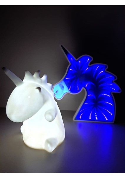 Beyaz Unicorn ve Mavi Aynalı Led'li Unicorn Hediye Kutusu Gece Lambası