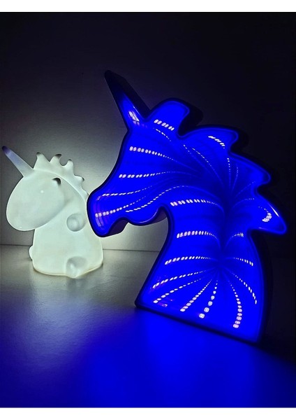 Beyaz Unicorn ve Mavi Aynalı Led'li Unicorn Hediye Kutusu Gece Lambası